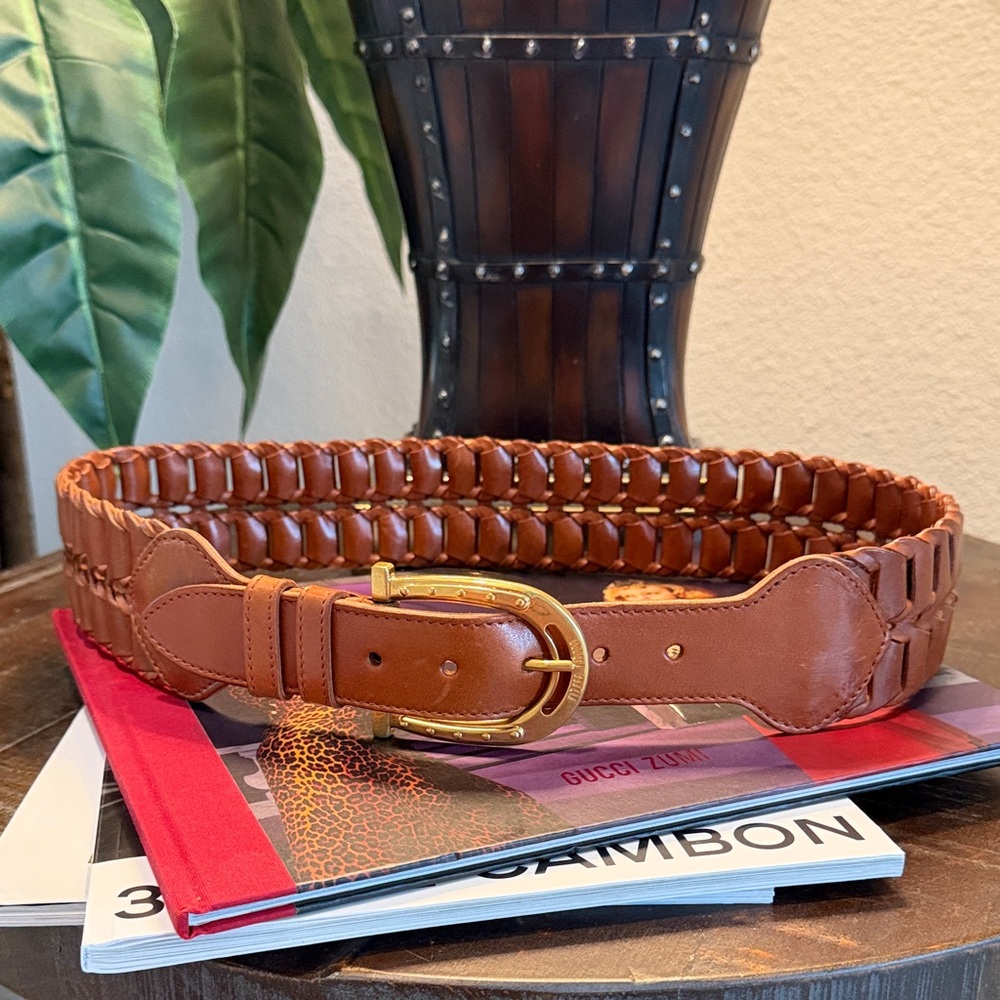 Miu Miu Braided Cognac Leather Belt with Gold Horse Shoe Buckle 90 / 36